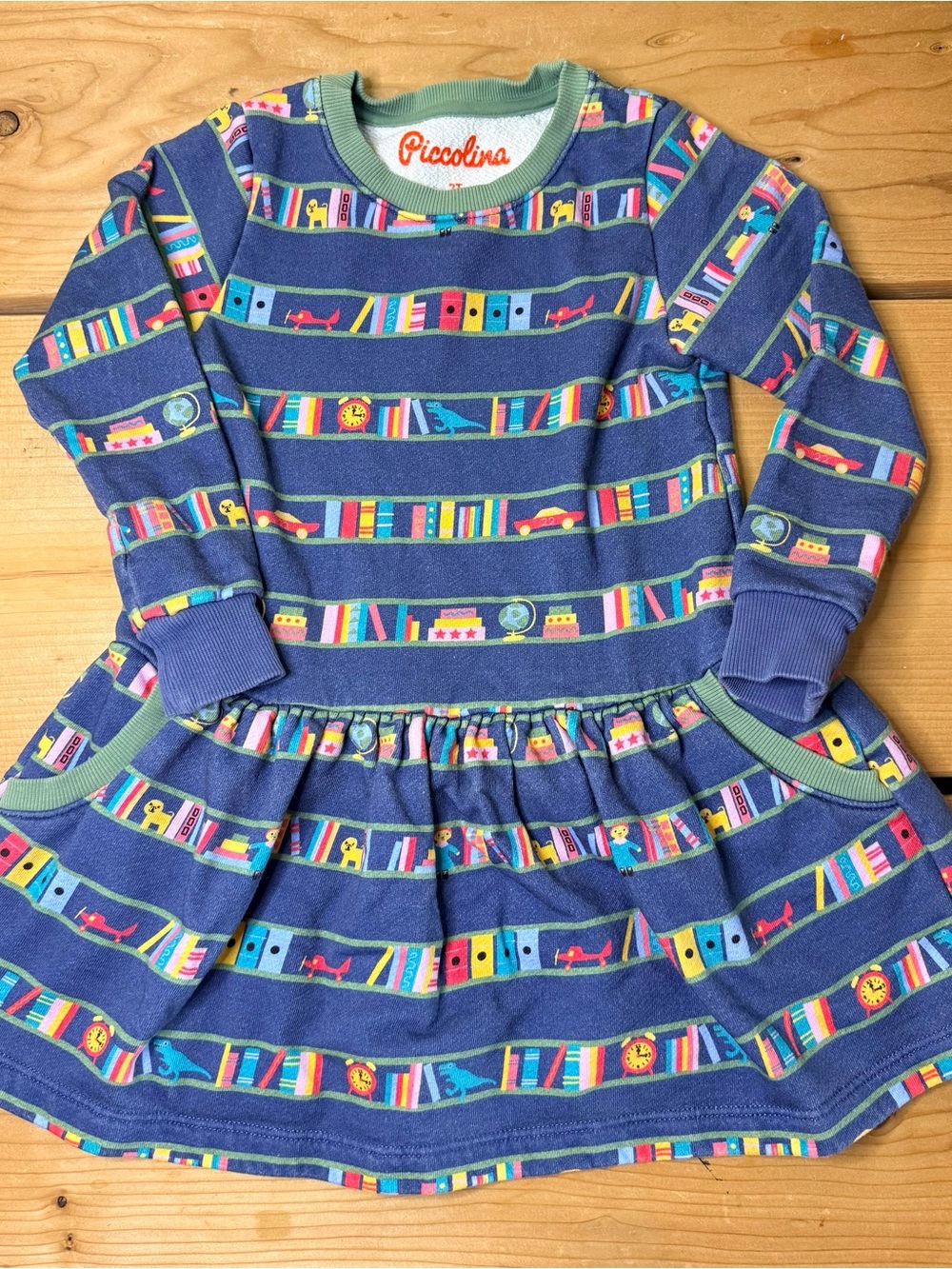 Piccolina Long Sleeve Dress Girls 2T Blue Bookshelf Print Cotton Colorful Fun